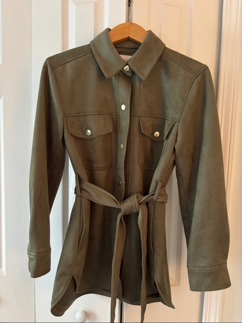 LOFT Olive Green Suede Utility Jacket with Waist Tie